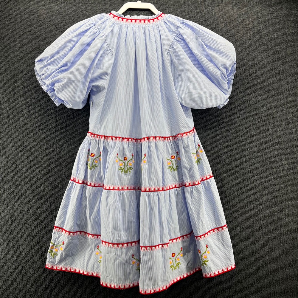 Hyacinth House Blue White Striped Embroidered Tiered Puff Sleeve Mini Dress XS - Picture 2 of 7